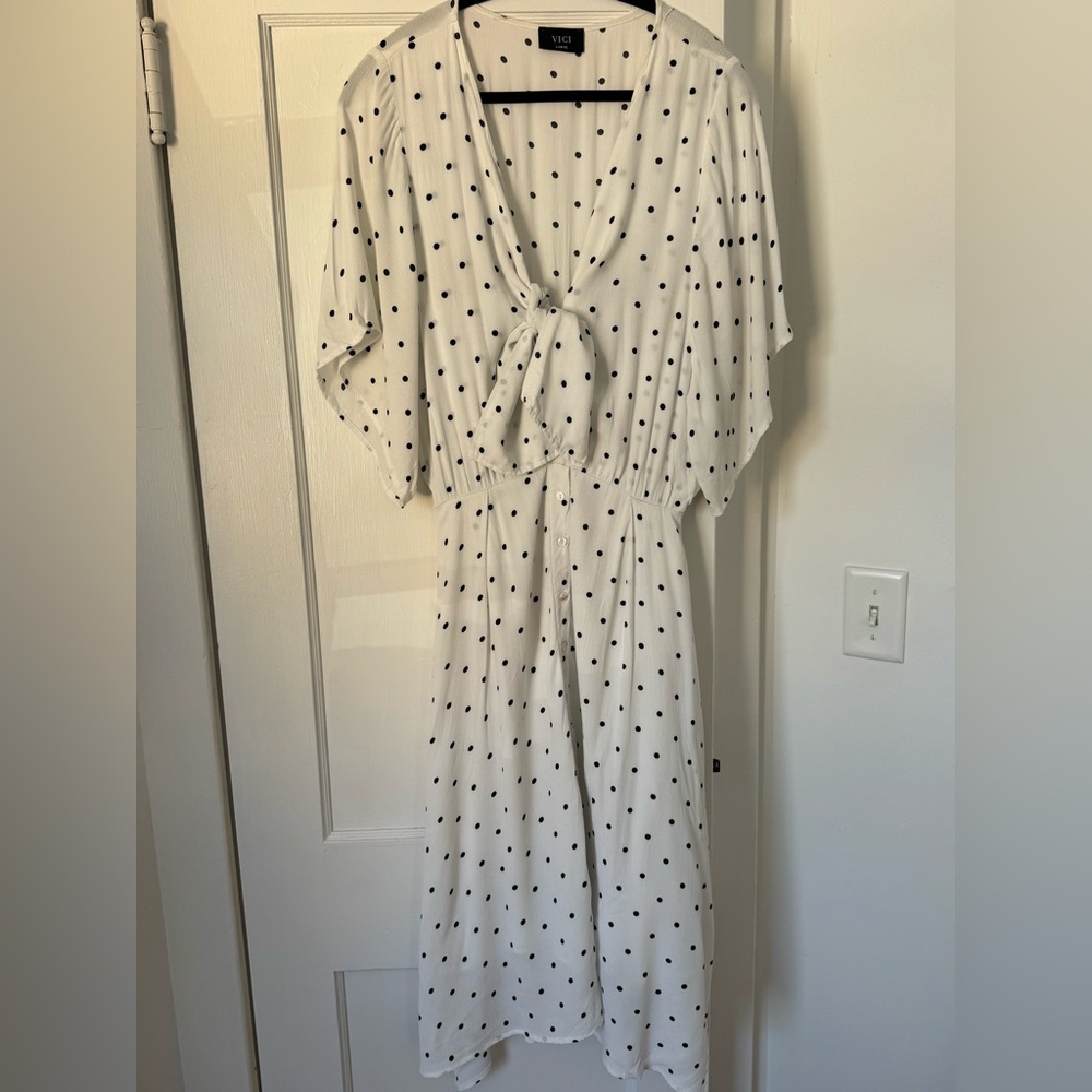Vici White Midi Dress with Black Polka Dots and Front Tie